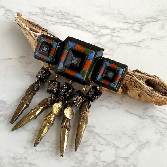 TOGO Paris Brooch and Earrings, Mosaic Glass Cabochons, Vintage Statement - Picture 2 of 7